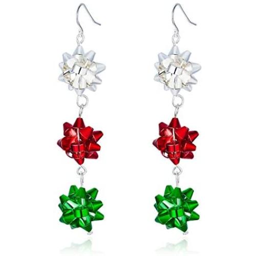 Christmas Bows Flower Piercing Dangle Earrings Red Green White Silver Plated Women Girls Holiday