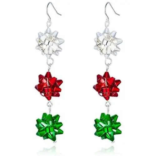 Christmas Bows Flower Piercing Dangle Earrings Red Green White Silver Plated Women Girls Holiday Christmas Bows Flower Piercing Dangle Earrings Red Green White Silver Plated Women Girls Holiday