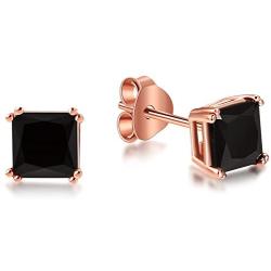 Lanroque Sterling Silver 6mm Princess Cut Cubic Zirconia Stud Earrings for Men and Women (Black CZ Rose Gold)