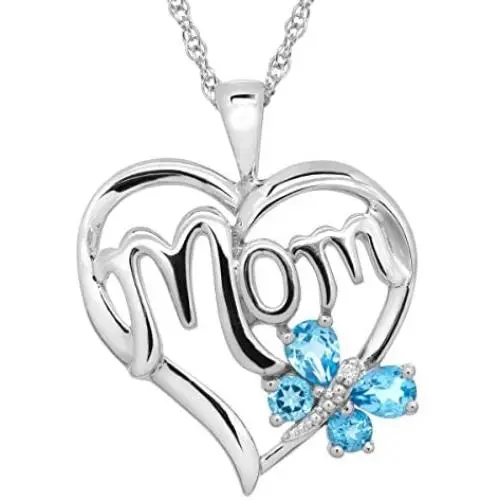 Mom Heart Pendant Necklace with Diamond in Sterling Silver