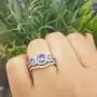 Round Gemstone & White Diamond Ladies 3 Stone Halo Bridal Engagement Ring With Matching Band Set, 14K White Gold Round Gemstone & White Diamond Ladies 3 Stone Halo Bridal Engagement Ring With Matching Band Set, 14K White Gold