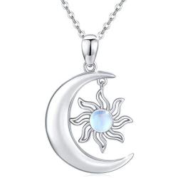 CUOKA MIRACLE Moon and Sun Necklace Sterling Silver Rainbow Moonstone Crescent Pendant Unisex Jewelry Gift for Women Men Teen Girlfriend