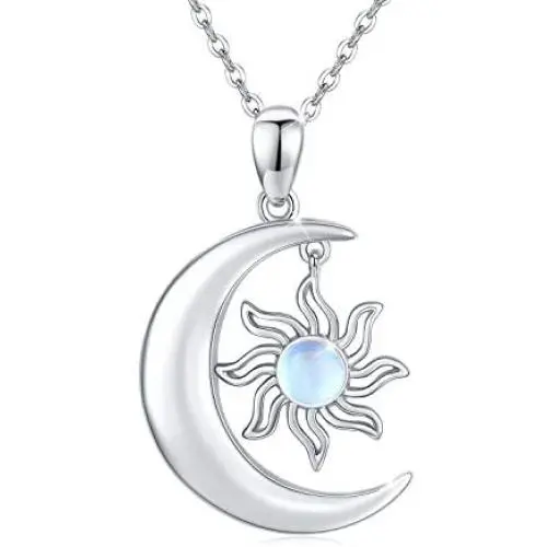 CUOKA MIRACLE Moon and Sun Necklace Sterling Silver Rainbow Moonstone Crescent Pendant Unisex Jewelry Gift for Women Men Teen Girlfriend