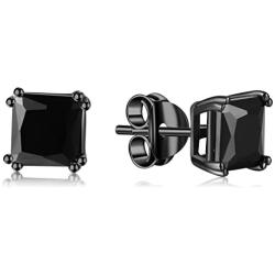 Lanroque Black Plating Sterling Silver and Black CZ Stud Earrings for Men and Women (6mm)
