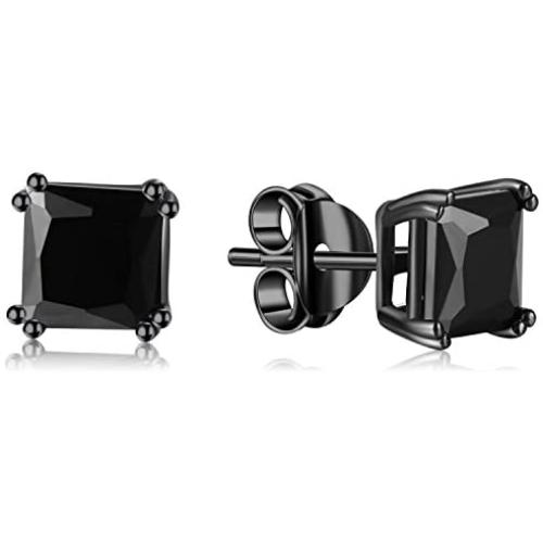 Lanroque Black Plating Sterling Silver and Black CZ Stud Earrings for Men and Women (6mm)