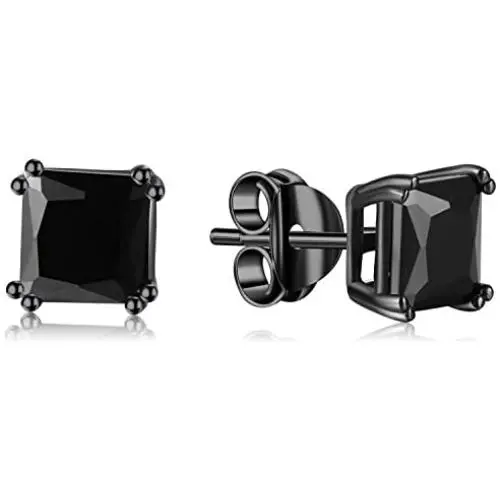 Lanroque Black Plating Sterling Silver and Black CZ Stud Earrings for Men and Women (6mm)