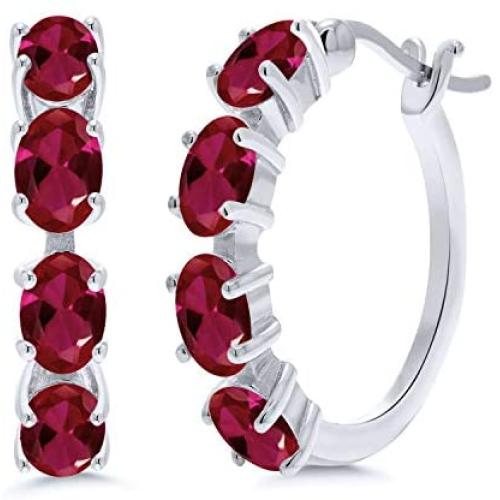 Gem Stone King 925 Sterling Silver Wine Red Created Ruby Earrings For Women (4.00 Ct Oval 6X4MM)