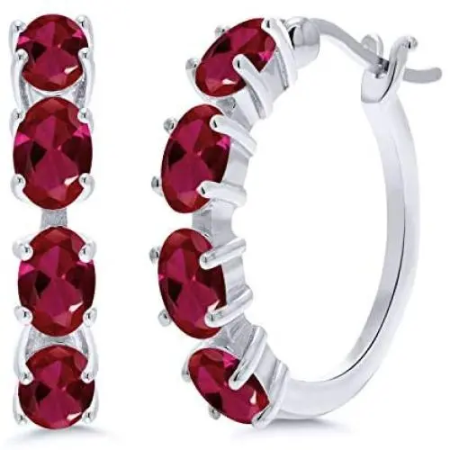 Gem Stone King 925 Sterling Silver Wine Red Created Ruby Earrings For Women (4.00 Ct Oval 6X4MM)
