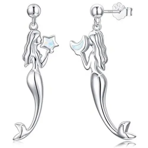 925 Sterling Silver Mermaid Studs Earrings with Opal Star and Moon, Drop Dangling Earrings, Mermaid Nautical Ocean Sea Jewelry Mother Day Gift for Mermaid Lovers Women Daughter with Gift Box 925 Sterling Silver Mermaid Studs Earrings with Opal Star and Moon, Drop Dangling Earrings, Mermaid Nautical Ocean Sea Jewelry Mother Day Gift for Mermaid Lovers Women Daughter with Gift Box