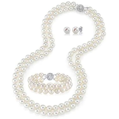 THE PEARL SOURCE Sterling Silver Round White Freshwater Cultured Pearl Double Strand Necklace, Bracelet & Earrings Set in 17-18'' Princess Length for Women