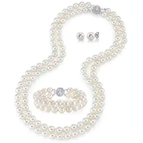 THE PEARL SOURCE Sterling Silver Round White Freshwater Cultured Pearl Double Strand Necklace, Bracelet & Earrings Set in 17-18'' Princess Length for Women THE PEARL SOURCE Sterling Silver Round White Freshwater Cultured Pearl Double Strand Necklace, Bracelet & Earrings Set in 17-18'' Princess Length for Women