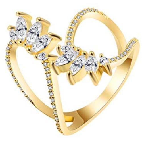 JewelryLand Gold Plated Leaves Open Ring Made with AAA Cubic Zirconia