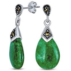 Dyed Green Jade Marcasite Pear Shaped Teardrop Dangle Stud Earrings For Women 925 Sterling Silver