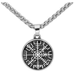 GuoShuang Stainless Steel Nordic Viking Rune Compass Amulet Pendant Necklace Small Size with Valknut Gift Bag