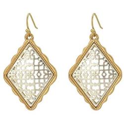 Allison Rose Atelier Womens Two Tone Dangle 1.5” Rounded Diamond shape Moroccan Filigree Earrings - Boho Fashion Statement Teardrop Earrings for Women