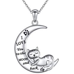 JZMSJF 925 Sterling Silver Crescent Moon Necklace Engraved I Love You to The Moon and Back Puppy Dog Cat Paw Cat Pendant Gift for Wife Girlfriend