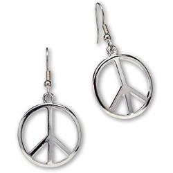 Hippie Peace Sign Dangle Earrings Polished Silver Finish Pewter