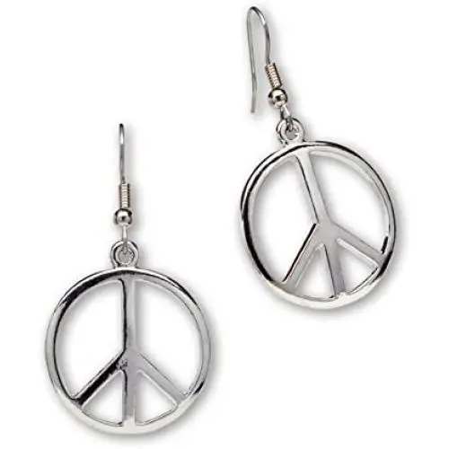 Hippie Peace Sign Dangle Earrings Polished Silver Finish Pewter Hippie Peace Sign Dangle Earrings Polished Silver Finish Pewter