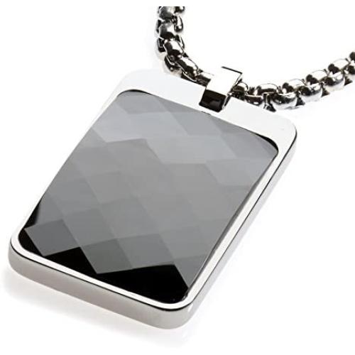 GESTALT COUTURE Most Unique Tungsten Tag Necklace. 4mm Wide Surgical Steel Chain. Black Faceted High-Tech Ceramic.