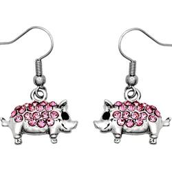 DianaL Boutique Silver Tone Pink Crystal Pig Piggy Piglet Earrings Gift Boxed