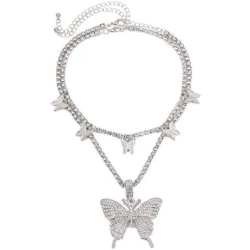 Big Butterfly Pendant Necklace Rhinestone Chain Shiny Crystal Choker Necklace Bling Tennis Chain for Women Girls Bling Bling Gold Silver Necklace Gifts Wedding Banquet Party Jewelry