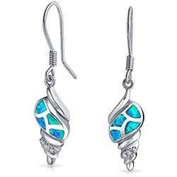 Nautical Blue Created Opal Tropical Beach Seashell Dangle Earrings For Women For Teen Fish Wire Hook 925 Sterling Silver