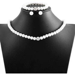 Brishow Wedding Pearl Necklace Earrings Bracelet Jewelry Set Silver Bride Crystal Pearl Chain Bridal Fit for Women and Girls