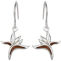 Sterling Silver Koa Wood Bird of Paradise Dangle Hook Earrings