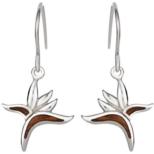 Sterling Silver Koa Wood Bird of Paradise Dangle Hook Earrings