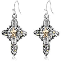 RareLove Vintage Cross Two Tone Golden Star Christmas Piercing Dangle Earrings CZ Rhinestone Silver Plated Alloy Holiday Jewelry For Women Girls