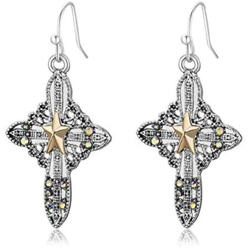 RareLove Vintage Cross Two Tone Golden Star Christmas Piercing Dangle Earrings CZ Rhinestone Silver Plated Alloy Holiday Jewelry For Women Girls
