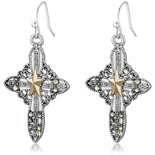 RareLove Vintage Cross Two Tone Golden Star Christmas Piercing Dangle Earrings CZ Rhinestone Silver Plated Alloy Holiday Jewelry For Women Girls RareLove Vintage Cross Two Tone Golden Star Christmas Piercing Dangle Earrings CZ Rhinestone Silver Plated Alloy Holiday Jewelry For Women Girls