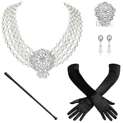 BABEYOND 1920s Gatsby Multilayer Pearl Necklace Vintage Bridal Pearl Necklace Earrings Jewelry Set