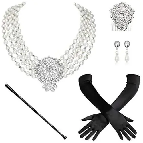 BABEYOND 1920s Gatsby Multilayer Pearl Necklace Vintage Bridal Pearl Necklace Earrings Jewelry Set