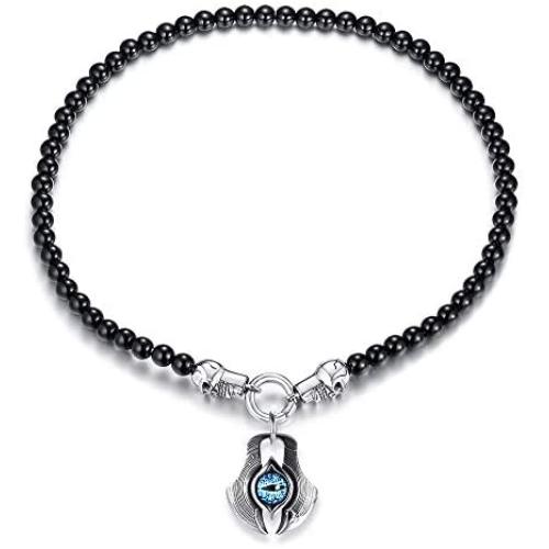 MPRAINBOW Mens Stainless Steel Greek Blue Dragon Evil Eye Axe Casting Dog Tag Pendant Amulet Necklace