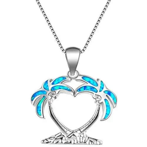 Sterling Silver Double Palm Tree Necklaces Pendant Earrings Blue Opal Pendant Perfect Birthday Present