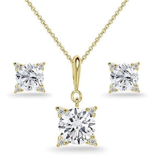 Sterling Silver Cubic Zirconia Studded Solitaire Necklace & Stud Earrings Set