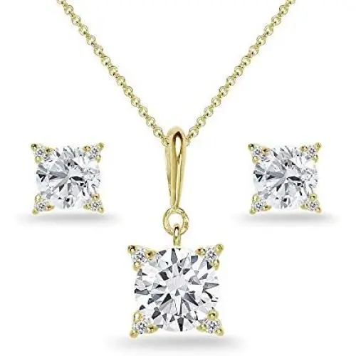 Sterling Silver Cubic Zirconia Studded Solitaire Necklace & Stud Earrings Set Sterling Silver Cubic Zirconia Studded Solitaire Necklace & Stud Earrings Set