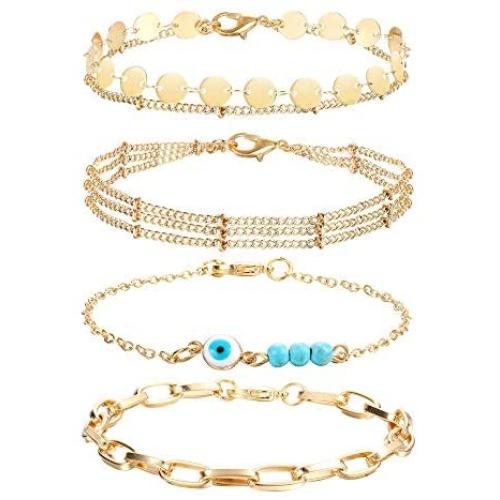 Udalyn 4Pcs Copper plated with 14K gold Chain Bracelets for Women Adjustable Dainty Dainty Tiny Cute Evil Eye Oval Chain Layered Bracelet Women Jewelry