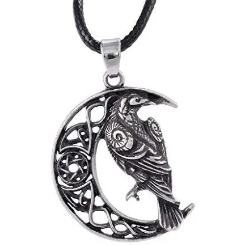 HAQUIL Raven Necklace - Viking Celtic Wiccan Crow Raven Pendant - PU Leather Cord HAQUIL Raven Necklace - Viking Celtic Wiccan Crow Raven Pendant - PU Leather Cord