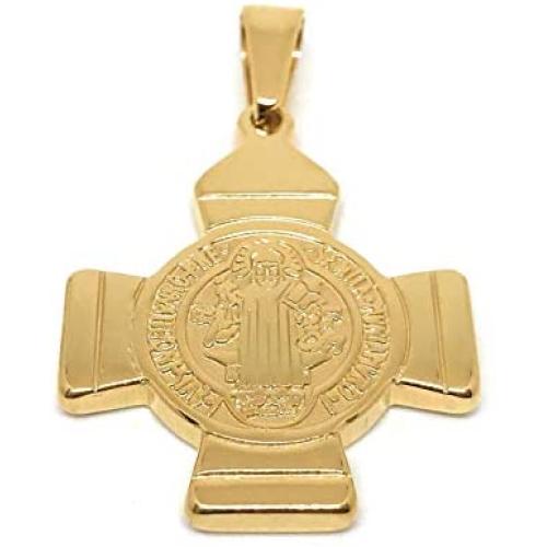 LESLIE BOULES 18K Gold Plated Saint Benedict Cross Pendant Protection Jewelry