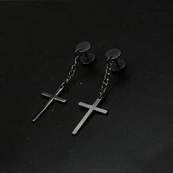 JSEA Black Silver Stainless Steel Cross Dangle Long Earrings Barbell Screw Back Round Stud Earrings