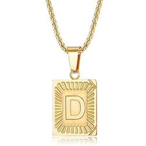 FUNRUN JEWELRY Stainless Steel Initial Pendant Necklace for Men Women Gold Plated Square Letter Pendant Necklace Alphabet 26 A-Z