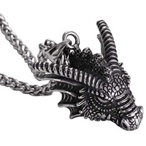 HAQUIL Dragon Necklace, Stainless Steel Dragon Head Pendant with Wheat Chain, Medieval Fire Dragon Jewelry Gift for Men and Women