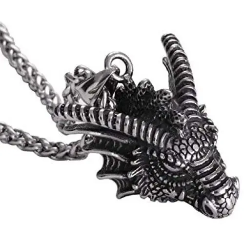 HAQUIL Dragon Necklace, Stainless Steel Dragon Head Pendant with Wheat Chain, Medieval Fire Dragon Jewelry Gift for Men and Women HAQUIL Dragon Necklace, Stainless Steel Dragon Head Pendant with Wheat Chain, Medieval Fire Dragon Jewelry Gift for Men and Women