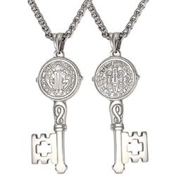 U7 Ward Off Evil Exorcism Jewelry Stainless Steel/Black / 18K Gold Plated Saint Benedict Medal Design Key Pendant Necklace