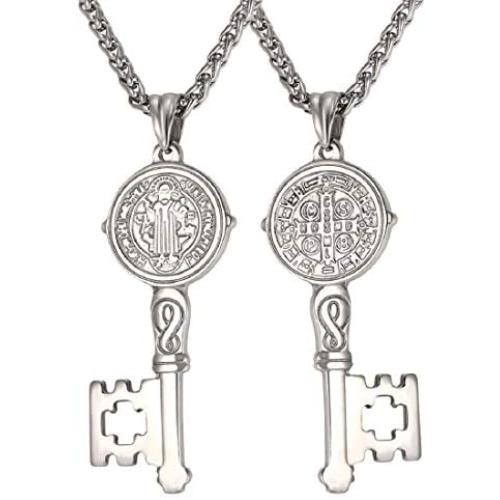 U7 Ward Off Evil Exorcism Jewelry Stainless Steel/Black / 18K Gold Plated Saint Benedict Medal Design Key Pendant Necklace