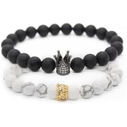 POSHFEEL 8mm Natural Stone CZ Micro Pave Crown King Queen Beads His and Hers Couple Bracelet, 7.5''