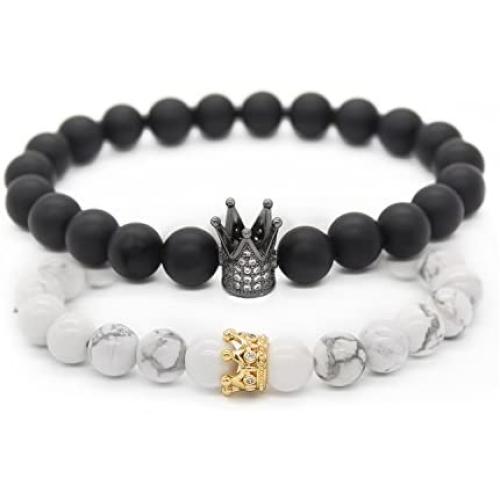 POSHFEEL 8mm Natural Stone CZ Micro Pave Crown King Queen Beads His and Hers Couple Bracelet, 7.5''