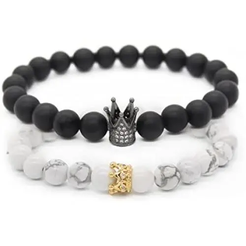 POSHFEEL 8mm Natural Stone CZ Micro Pave Crown King Queen Beads His and Hers Couple Bracelet, 7.5'' POSHFEEL 8mm Natural Stone CZ Micro Pave Crown King Queen Beads His and Hers Couple Bracelet, 7.5''